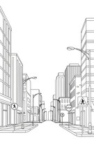 Fototapeta premium Detailed Urban Street View Vector Illustration with Perspective Buildings and Pedestrian Signs in Line Art Style
