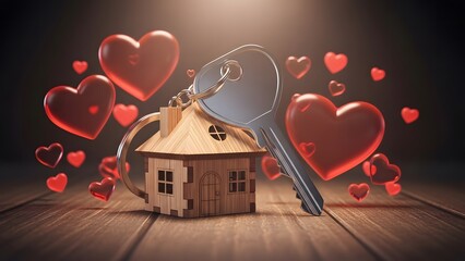 A silver key on a keychain attached to a small wooden house with hearts.