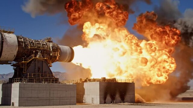 Jet engine testing with extreme fire and explosions on a concrete platform in a desert environment under a clear blue sky