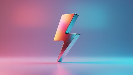 A vibrant 3D rendered metallic lightning bolt symbol with a gradient of pink and blue neon lighting on a matching blurred background.