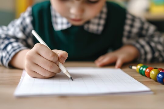 Young child focusing on writing in a notebook with a pencil, learning and doing homework at a school desk - Powered by Adobe