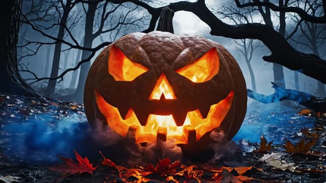 Spooky jackolantern in dark forest with glowing eyes and smoke