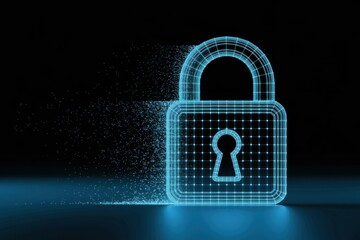 Glowing blue digital padlock dissolving into particles on black background security
