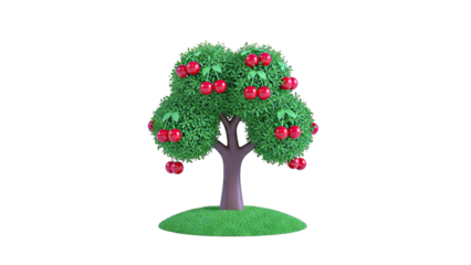 Cartoon Cherry Tree with Red Cherries on a Green Mound