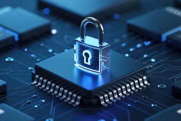 Glowing padlock on computer chip with circuit board background digital padlock security