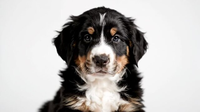 Adorable bernese mountain dog puppy looking at the camera with curiosity against a white background, close up portrait