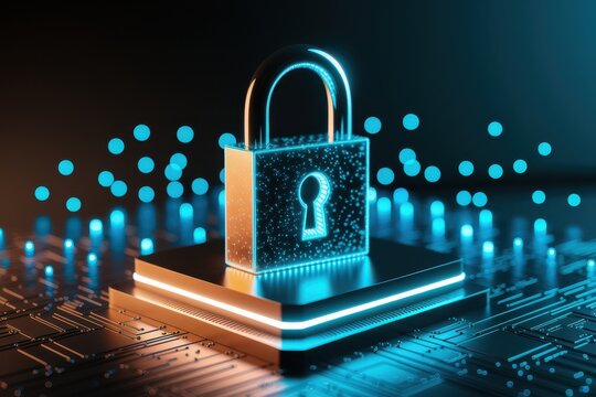 Glowing digital padlock on circuit board with blue bokeh lights security technology - Powered by Adobe