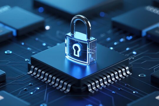 Glowing padlock on computer chip with circuit board background digital padlock security - Powered by Adobe