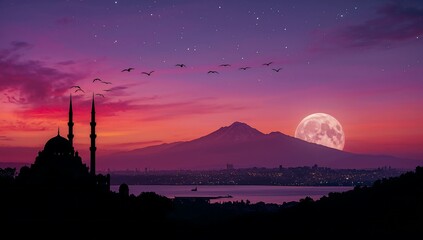 Obraz premium Silhouette of a mosque and mountain range at sunset with a full moon
