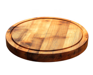 A round wooden cutting board shows its distinctive texture and pattern on transparent background