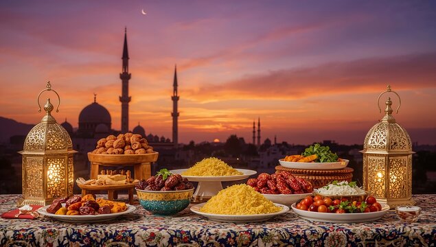 Traditional food and decorations on a table with a mosque in the background