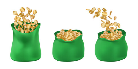 3d money bag full of coins, open sack with gold floating. Bank bill bonus, treasure investment. Million dollar cash casino prize, invest budget concept. Realistic reward bonus, finance value render