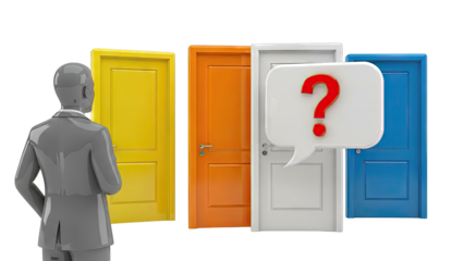 Man Facing Multiple Colored Doors with Question Mark Speech Bubble