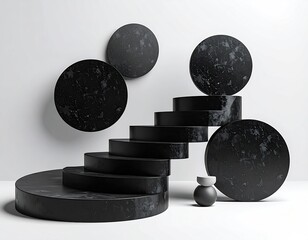 Abstract black marble steps and circles on white