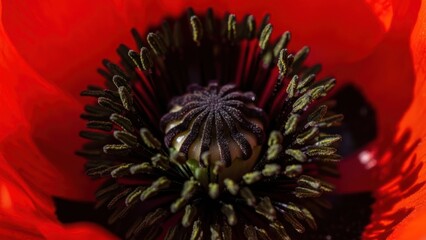 A vibrant red poppy flower with a dark brown center and green stamens.