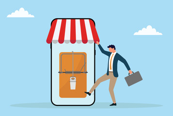 Vector illustration of a businessman stepping into an online business trap through mobile shop symbolizing digital fraud hidden risks online investment danger and misleading opportunities
