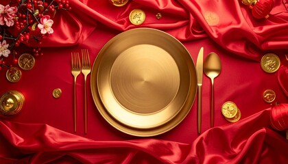 Chinese New Year CNY celebration flat lay background with golden luxury plate and cutlery on red silk