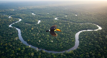 Majestic Toucan Flying over Winding River in Lush Tropical Rainforest