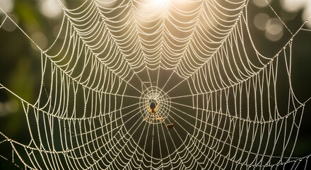 Glistening spiderweb covered in dew drops with a spider illuminated by golden morning light