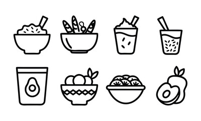 A set of simple black line illustrations of various healthy food and drink items