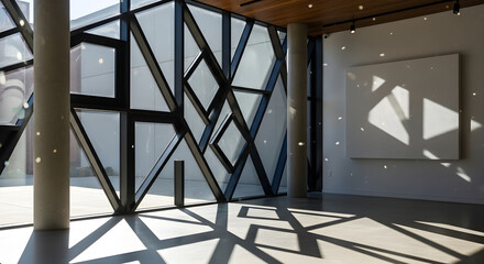 Modern architectural interior with geometric window shadows concrete pillar and wooden ceiling