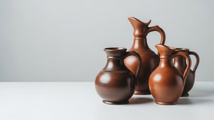 Traditional Labu Sayong clay vessels displayed in a minimalist white setting, highlighting Malay heritage craftsmanship, natural textures, and timeless cultural identity suitable for education