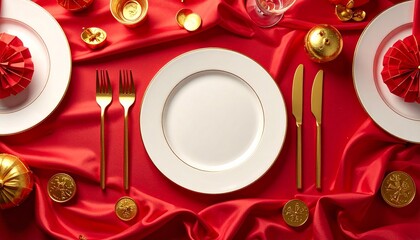Chinese New Year CNY celebration flat lay background with luxurious red and gold table setting