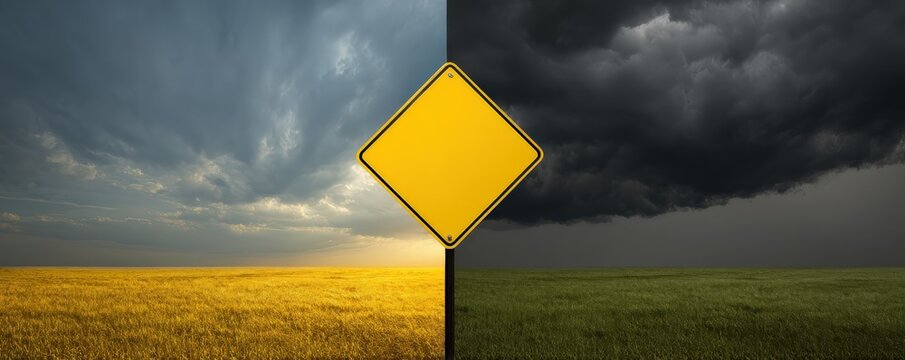 A striking image contrasting bright, sunny skies over golden fields with dark clouds above green grass, separated by a bold yellow warning sign.