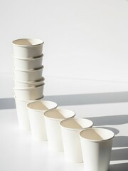 Minimalist arrangement of empty coffee cups on white, representing caffeine overuse, mental fatigue, and repetitive consumption patterns common in high-pressure modern work culture