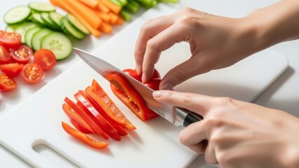 A minimalist close-up of hands preparing vegetables on white, symbolizing precision, hygiene, and mindful food handling in modern home cooking and culinary education