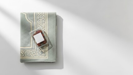 A quiet Ramadan charity scene showing a food package on a prayer mat on white, expressing compassion, humility, and mindful giving rooted in Islamic values