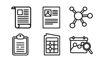 A collection of black and white line icons representing various office and organizational tools