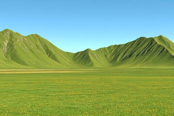 Fototapeta premium Green mountains rise behind a bright, grassy valley