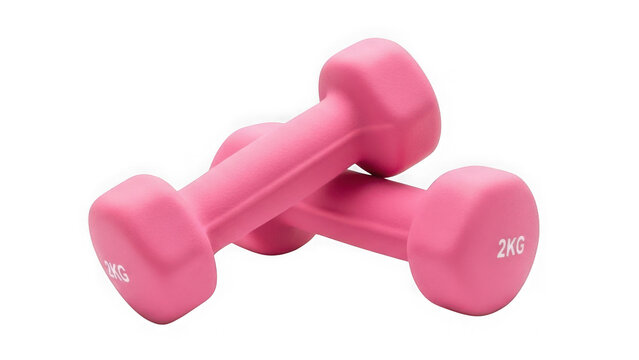 Two pink 2kg dumbbells isolated on transparent background