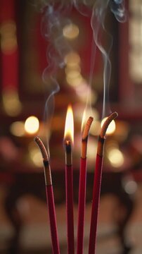 Close up burning of  red incense sticks with rising smoke against creamy bokeh background