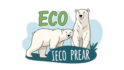 Two polar bears standing on grass with eco friendly text with ecofriendly and environment and nature and conservation and climate change and wildlife