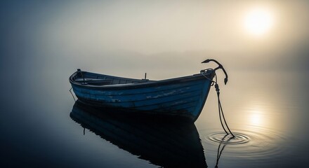 Serene Blue Boat Anchored on Calm Water Reflecting Sunlight in Misty Morning.