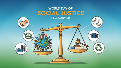 World day of social justice illustration with scale balancing globe with diverse people icons and law gavel with book on green blue background