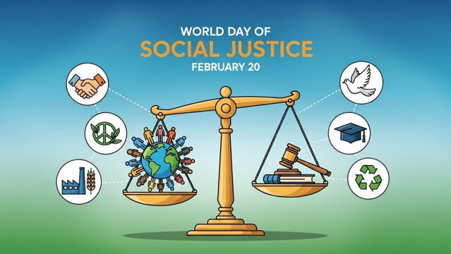 World day of social justice illustration with scale balancing globe with diverse people icons and law gavel with book on green blue background - Powered by Adobe
