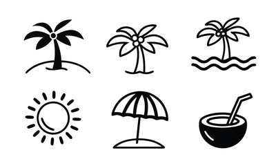 A collection of black and white beach icons on a clean white background
