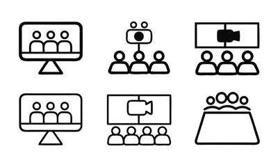 A set of black and white icons depicting people in a virtual meeting or conference