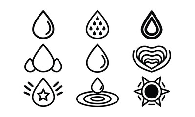A set of black and white icons depicting various water droplet designs and a sun