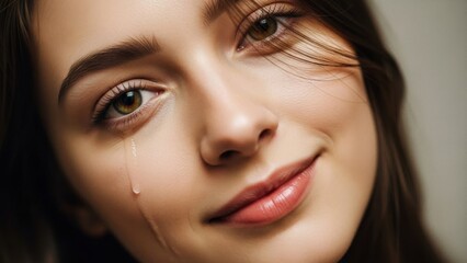 A compelling portrait of a young woman displaying contrasting emotions with a tear and a gentle