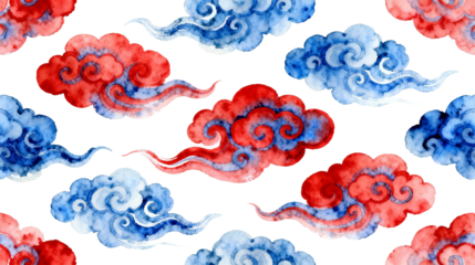 Watercolor Chinese Cloud Patterns, Red Blue祥云