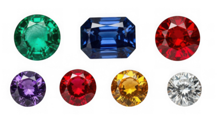 Assortment of vibrant faceted gemstones isolated on transparent background