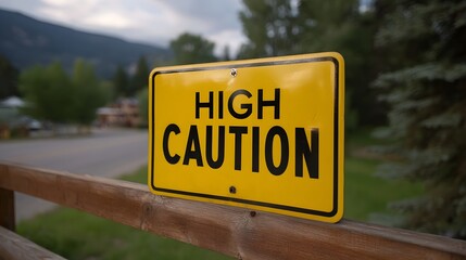 A yellow High Caution sign is mounted on a rustic wooden fence set against a blurred natural landscape