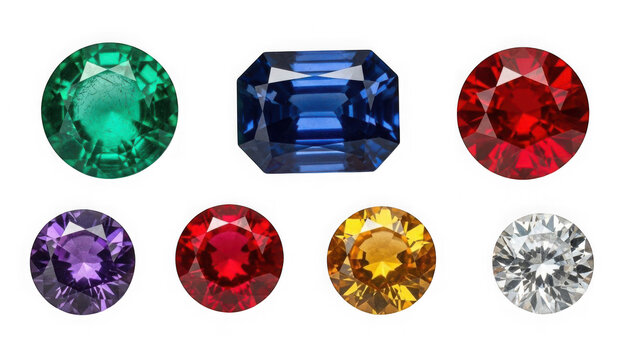 Assortment of vibrant faceted gemstones isolated on transparent background