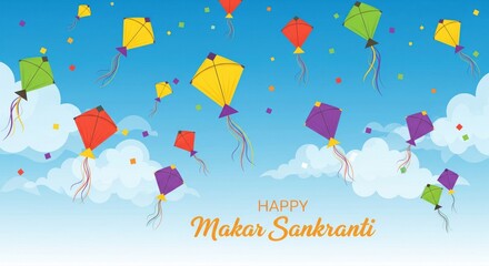 Happy Makar Sankranti Festival with Colorful Kites in Blue Sky