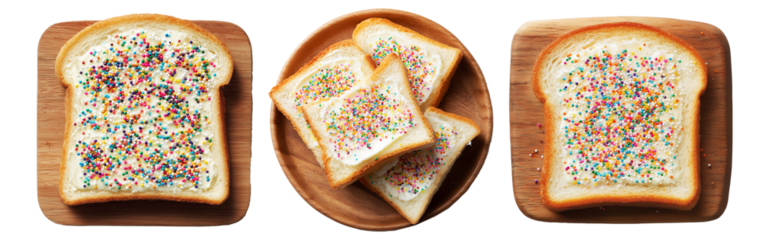 Set of Australia fairy bread with white frosting and multicolored sprinkles, isolated on white transparent background
