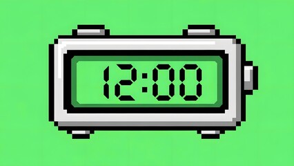 Pixel art digital alarm clock showing 12:00 on green background.